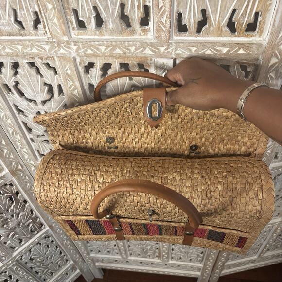 Vtg 60s Acapulco Straw Woven Small Shopper Tote Beach Bag w Multi Color Stripes - Picture 7 of 8